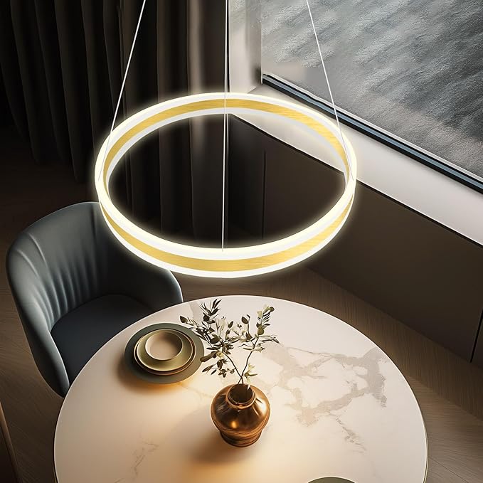 D15.7'' Modern Ring Chandelier for Dining Room LED Dimmable Pendant Lighting High Ceiling Chandelier for Living Room Foyer Bedroom Entryway 3000K-6000K Gold