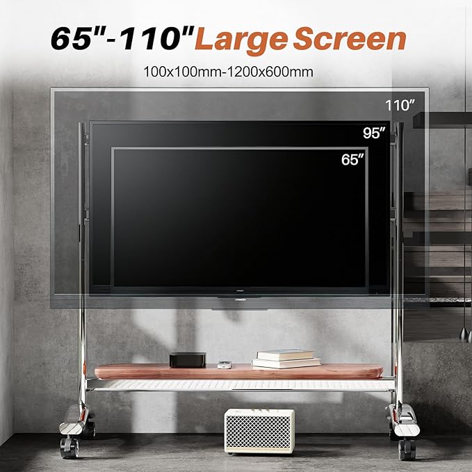 Heavy Duty Mobile TV Stand Easel Rolling TV Cart with Wheels for 65-110 Inch, Stainless Steel Portable Floor TV Stand on Wheels with Large Storage Pegboard Hold Up to 198 Lbs Max VESA 1200x600 mm (08)