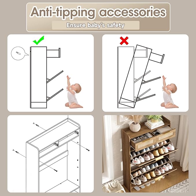 Rattan Shoe Storage Cabinet with 2 Flip Drawers & 2 Drawers, Freestanding Organizer for Front Door Entrance, Hidden Narrow Shoe Rack Cabinet Storage for Entryway, Rustic Oak Rattan