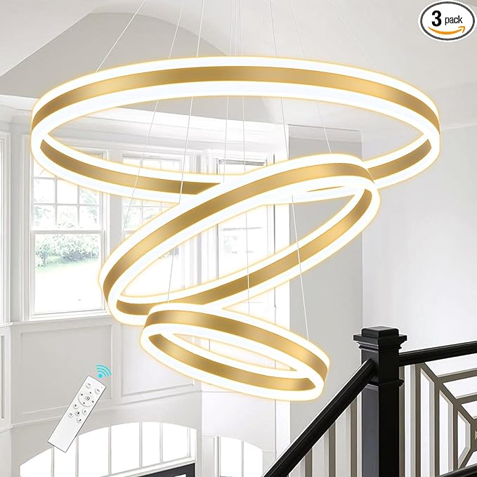 3-Rings Modern Chandelier for Dining Room Gold LED Dimmable Pendant Lightings for Kitchen Island Adjustable Height Flush Mount Ceiling Lighting for Living Room Foyer Hallways 3000K-6000K