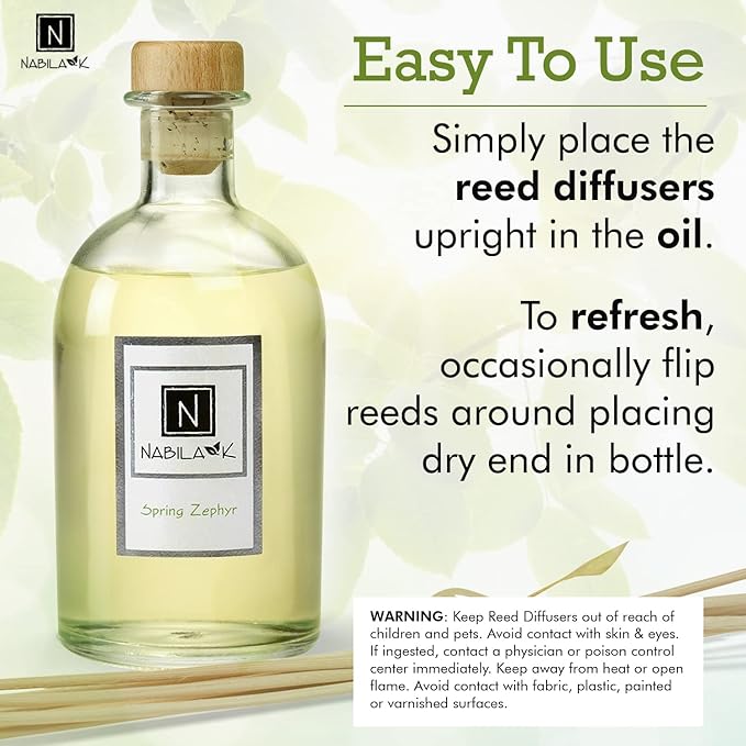 Nabila K Spring Zephyr Reed Diffuser Set – Light & Airy Aromatic Oil for Home – Long-Lasting, Smokeless Scent – Made in USA – Includes Reeds + Bottle – Flameless Candle Alternative