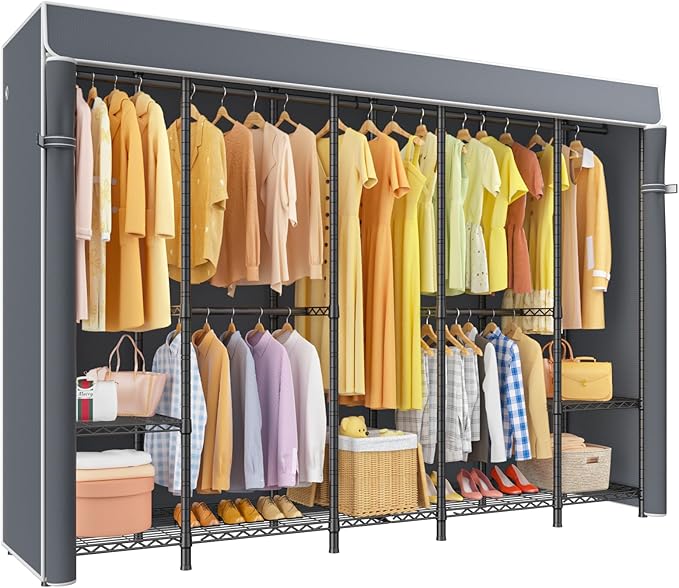 H50C Extra Large Clothes Rack with Cover, Freestanding Portable Closet, Covered Clothing Racks for Hanging Clothes, Heavy Duty Garment Rack, Wardrobe Closet with Gray Cover Max Load 1350 Lbs