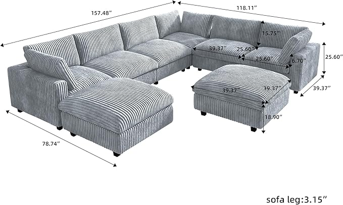 JACH 157" Modern Sectional Couch, Overzised Down Filled Soft Sofa, Deep Seat 8 Seater Convertible Modular Cloud Sofas for Living Room, Minimalist Couches,Sofa Cover Removable, Light Grey