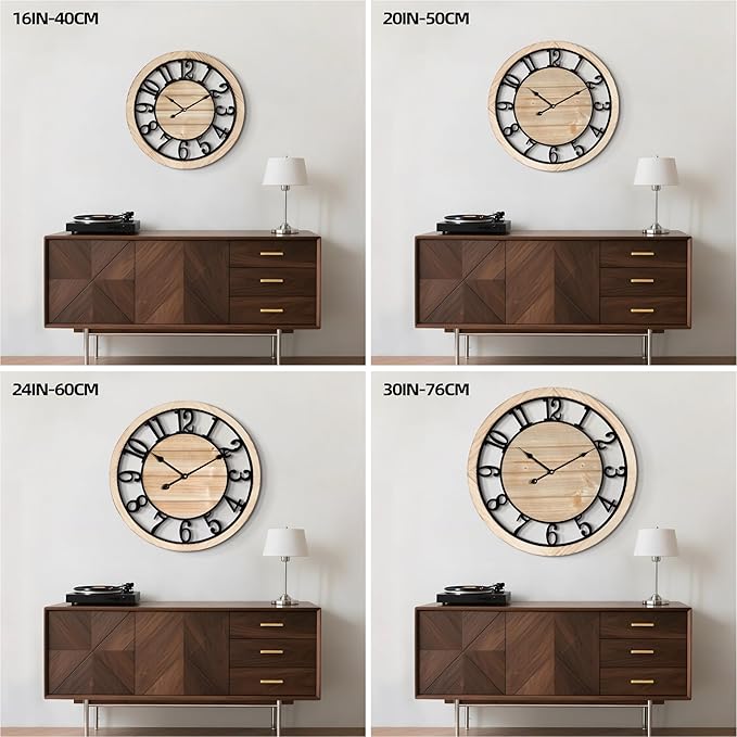 LEIKE 16 Inch Large Wall Clock - Rustic Wooden Silent Non-Ticking Wall Clock with Black Metal Frame, Vintage Farmhouse Decorative for Living Room, Bedroom, Kitchen - Arabic Numerals, Modern Design