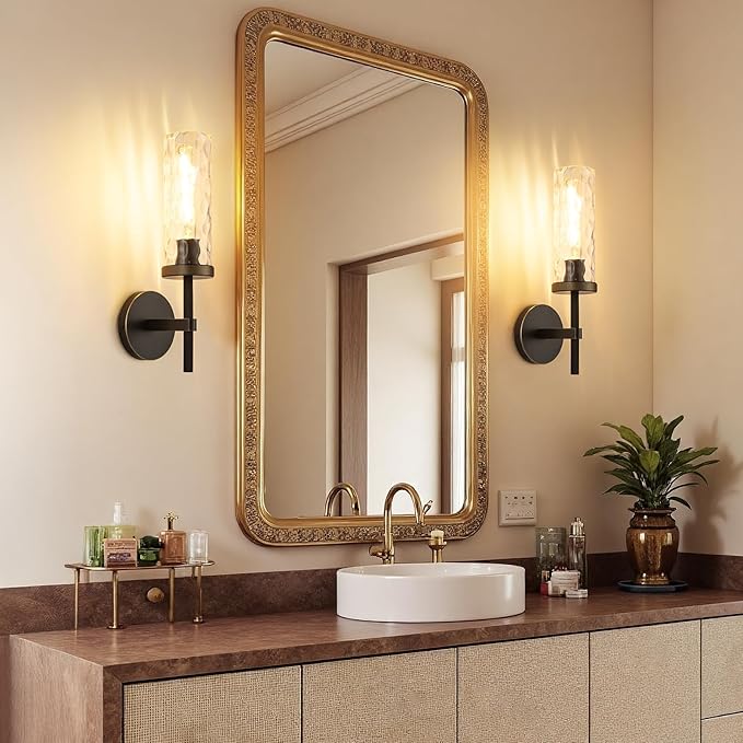 15" Knurled Brass Wall Sconces Set of 2, Black Gold Bathroom Vanity Light Fixtures with Water Ripples Glass Tube, Modern Lamp Lighting for Bedroom, Living Room, Hallway, Staircase, Mirror, Kitchen