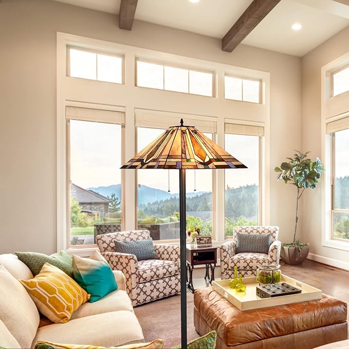 Tiffany Style Mission Floor Lamp 65" Tall Stained Glass Floor Standing Light Fixture for Living Room Reading Bedroom Office, Multi-Colored