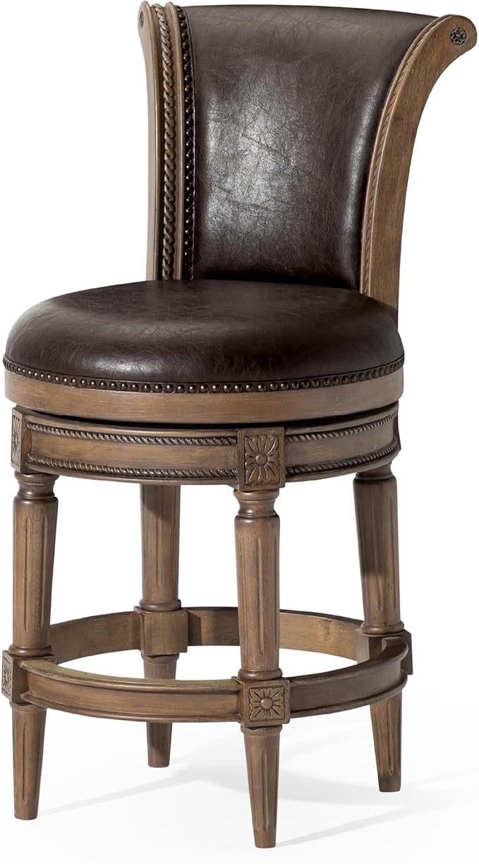 Maven Lane Pullman Counter Stool 26 Inches – Swivel Stool with Footrest – Brown Solid Wood Frame & Brown Faux Leather Upholstery – Perfect for Kitchen Islands & Counters