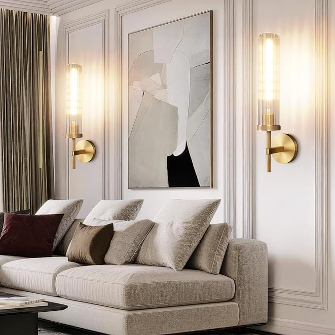 19.5" Knurled Brass Wall Sconce with Vertical Striped Glass Tube, Gold Bathroom Vanity Light Fixtures, Modern Lamp Lighting for Bedroom, Living Room, Hallway, Staircase, Mirror, Kitchen