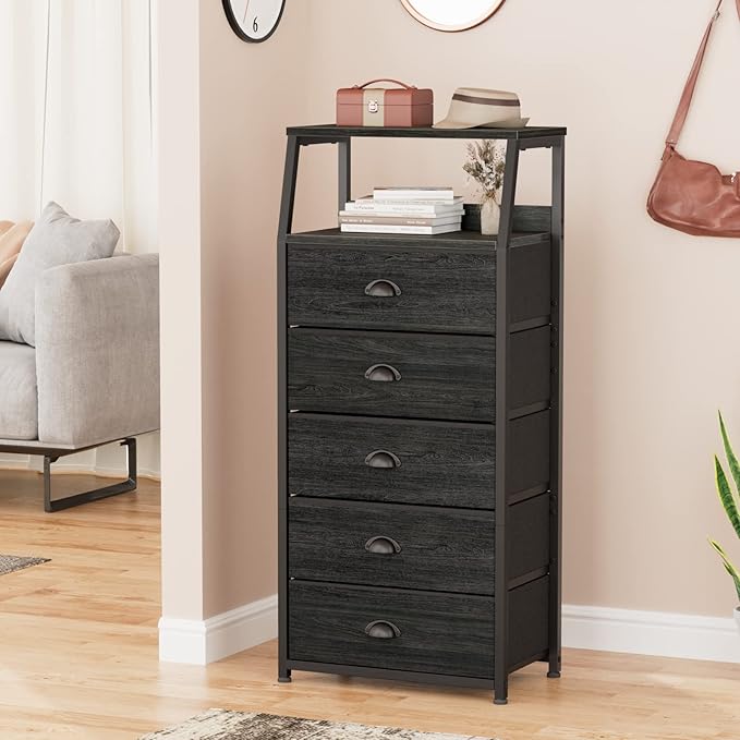 Furnulem Black Dresser with 5 Drawers, Vertical Storage Tower Fabric Dresser for Bedroom, Hallway, Entryway, Nursery, Closet Organizer, Nightstand Bedside Table Furniture, Sturdy Steel Frame, Wood Top