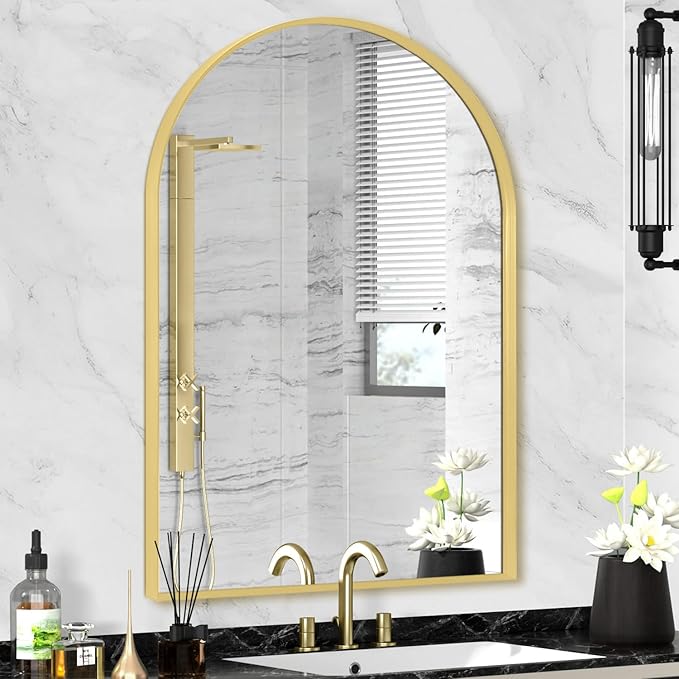 30" x 48" Gold Arched Mirror, Arch Wall Mirror, Metal Frame Black Bathroom Mirror, Arched Top Bathroom Vanity Mirror for Living Room, Bedroom, Entryway, Tempered Glass, Shatter Proof