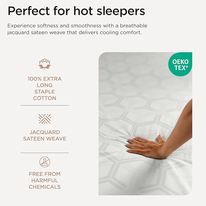 Threadmill 100% Cotton Sheets for Full Size Bed - 600 Thread Count Full Bed Sheets Set with 16” Deep Pocket - Jacquard Sateen Weave 4-Piece Bedding Set with Cooling Effect, Light Grey