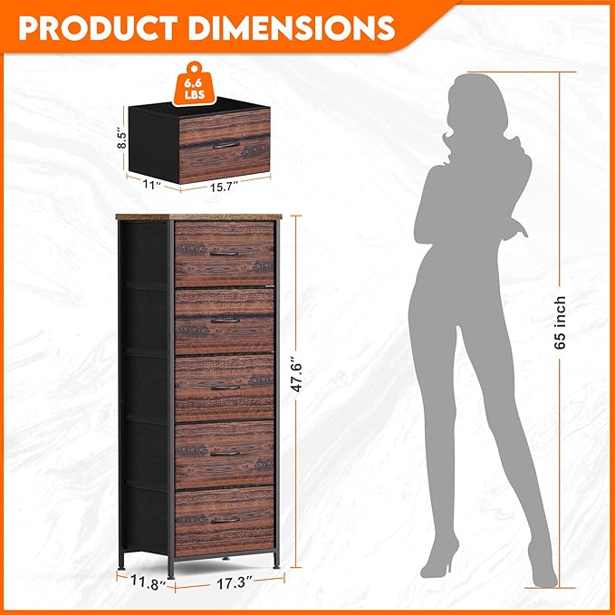 5 Fabric Drawer Dresser for Bedroom, Chest of Drawers with Waterproof Wood Top Tall Dresser for Hallway, Living Room, Kid Room (Rustic Brown)