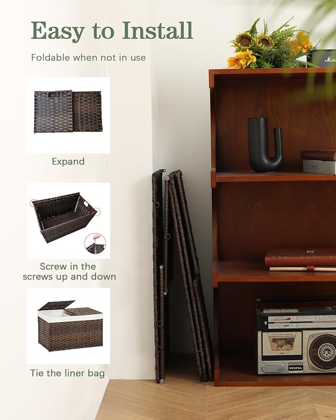 Storage Basket with Lid Rattan Woven Storage Baskets with 2 Separate Lids, 17.2 Gallon (65 L), 22 x 13 x 13.8 Inches,Foldable, 2 Removable Liner Bags Handles for Bedroom, Laundry Room Brown