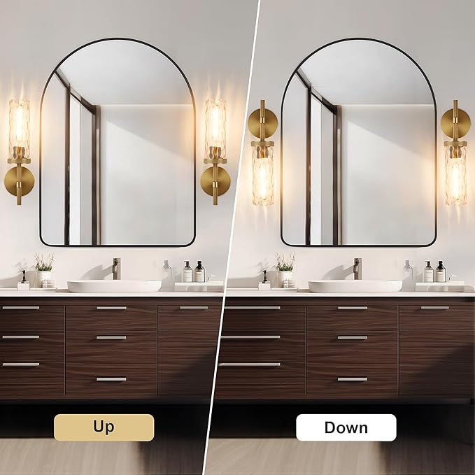 15" Knurled Brass Wall Sconces Set of 2, Gold Bathroom Vanity Light Fixtures with Water Ripples Glass Tube, Modern Lamp Lighting for Bedroom, Living Room, Hallway, Staircase, Mirror, Kitchen