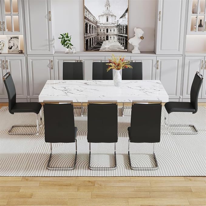 79'' Dining Table Set for 8, Dining Room Table Set for 8, 3.5'' Thick Faux Marble Table Top, MDF Table Legs, PU Ergonomic Dining Chair, for Dining Room