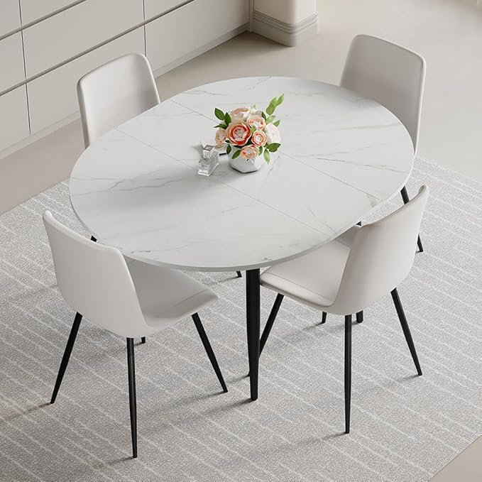 42"-54" Extendable Dining Room Table Set for 4, Oval-Round Dining Table Set for 4, White Kitchen Table with Upholstered Chairs Set of 4, 5 Piece Dining Table Set for Small Spaces, Easy Assembly