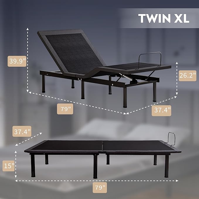 Twin XL Adjustable Bed Base Frame with Wireless Remote + 14 Inch Twin XL Gel Memory Foam Mattress Bed in a Box, Head and Foot Incline, Zero Gravity, Fiberglass Free, 80" × 38"