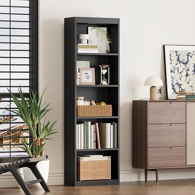5-Tier Bookcase Set of 2, Open Storage Shelf, Narrow Tall Book Shelf, Freestanding Display Storage Shelves Suitable for Home Office, Living Room and Bedroom, Black