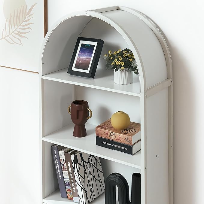 Arched Bookcase Book Shelf with Doors, 5 Tier Tall Display Bookshelf Cabinet with Storage, Industrial Floor Standing Bookshelves Open bookcases for Home Office, Living Room(White)