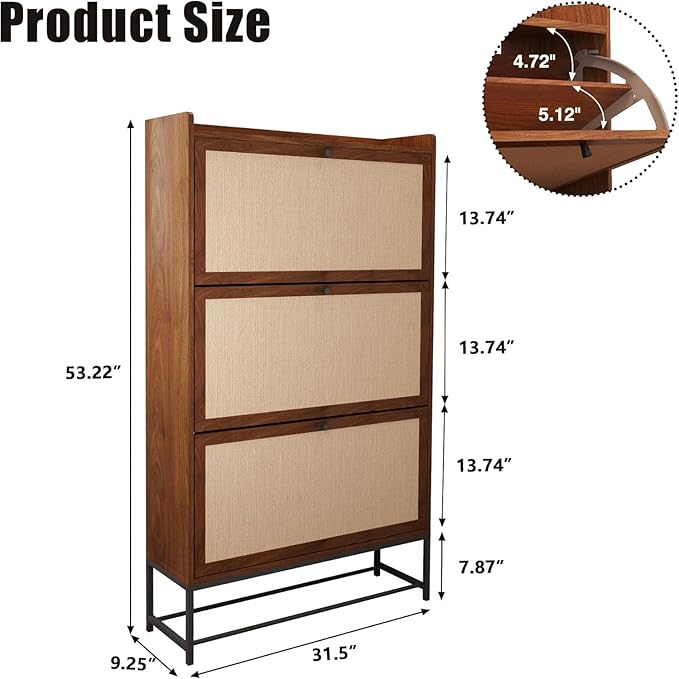 Narrow Shoe Cabinet with 3 Flip Drawers, Freestanding Shoe Organizer with Linen Doors, Slim Shoe Storage Cabinet Storage, Wooden Closed Shoe Rack for Entryway, Hallway, Living Room (Walnut)