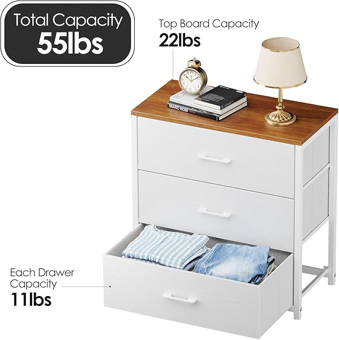 Nightstand,Farmhouse Night stand with 3 Storage Drawer,Small Dresser for Bedroom,Chest of Drawers Fabric Dressers with Steel Frame,Wooden Top Front Bedside Table for Small Space,White+walnut