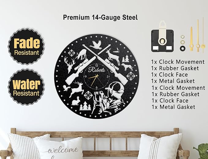 YTDESIGN Custom Wall Clock with Family Last Name, Personalized Metal Wild Animals Theme Wall Clock, Hunter's Gift, Housewarming Present