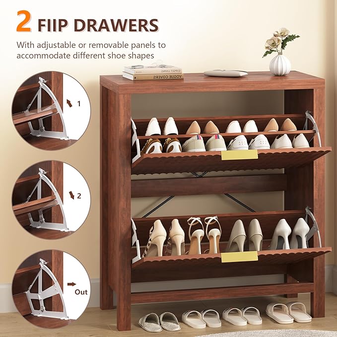 Shoe Cabinet Storage for Entryway, Fluted Shoe Cabinet with 2 Flip Drawers, Hidden Shoe Rack Tall Freestanding Shoe Organizer with Legs for Hallway, Walnut