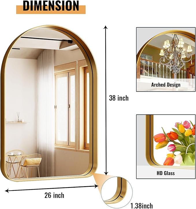 Arched Bathroom Mirror - 38x26 Inch Gold Bathroom Mirror for Wall - Aluminum Alloy Framed Mirror - Arched Top Bathroom Vanity Mirror for Living Room, Bedroom, Mantel, Entryway, and Hallways