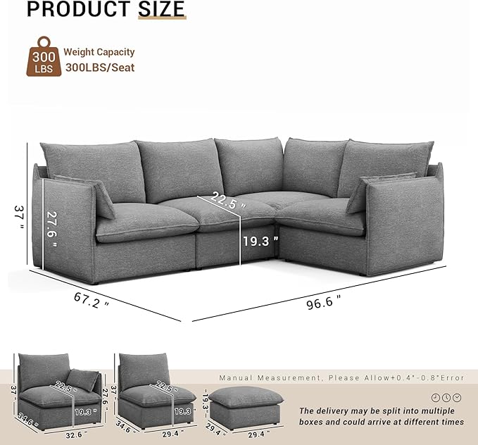 Cloud Sectional Couches for Living Room, Convertible Cloud Sofa Spill & Stain-Resistant with Removable Washable Cover & Down Feather Filled Cushions, 4 Seater V-Shaped Modular Sectional Sofa