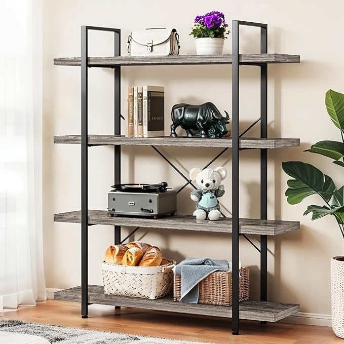 4-Tier Industrial Bookcase, 47 Inch Wide Wood Bookshelf, 120lbs Shelf Capacity, Rustic Open Shelving Heavy Duty Display with Reinforced Horizontal Grey Shelves for Living Room Bedroom Office - 2Pcs