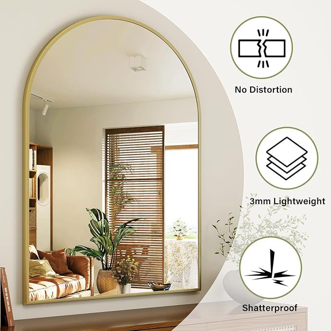 Arch Bathroom Mirror, 26x38 inch Arched Bathroom Mirror/Wall Mounted Vanity Mirror - Arch Metal Frame Wall Mirror for Bathroom Bedroom Living Room, Gold