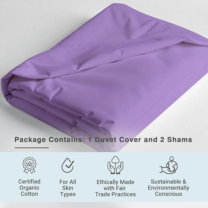 Fabdreams GOTS Certified 100% Organic Cotton Duvet Cover King Size - 400 TC Sateen - Soft - Silky - Zipper Closure - Edge Ties - 1 Duvet Cover (106"x92") + 2 Pillow Shams (20"x36") - Lilac, 3 Piece