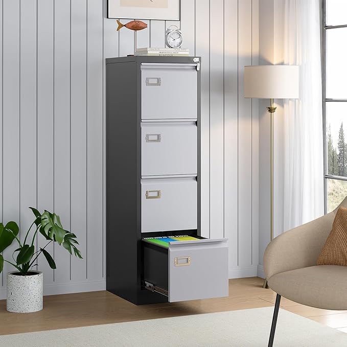 SISESOL 4 Drawer Vertical File Cabinet with Lock,Steel Filing Cabinet, Metal Filing Cabinets for Home Office Organizer Storage Cabinets Letter Size/A4/Legal,-Assembly Required