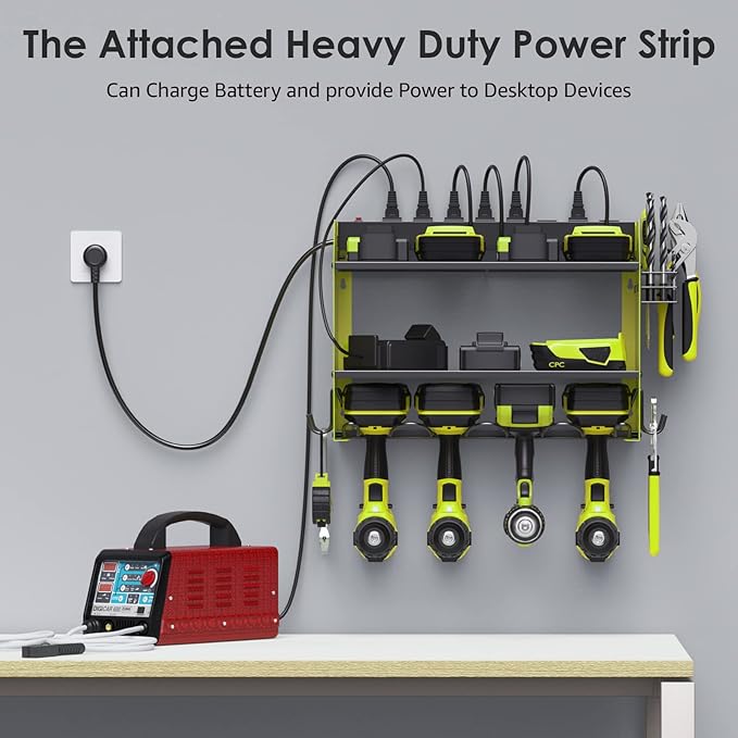 CCCEI Set Power Tool Organizer Wall Mount with Charging Station. Garage 4 Drill Storage Shelf with Hooks, Heavy Duty Metal Tool Battery Charger Organizer. Shop Utility Rack with Power Strip Green.