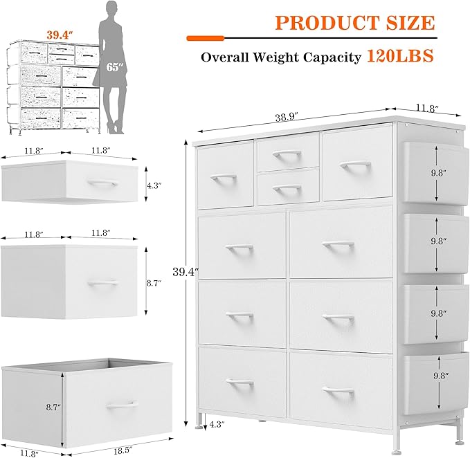 Lulive White Dresser for Bedroom with 10 Drawers, Chest of Drawers with Side Pockets and Hooks, PU Storage Dresser, Organizer Unit for Living Room, Hallway, Closet (White)
