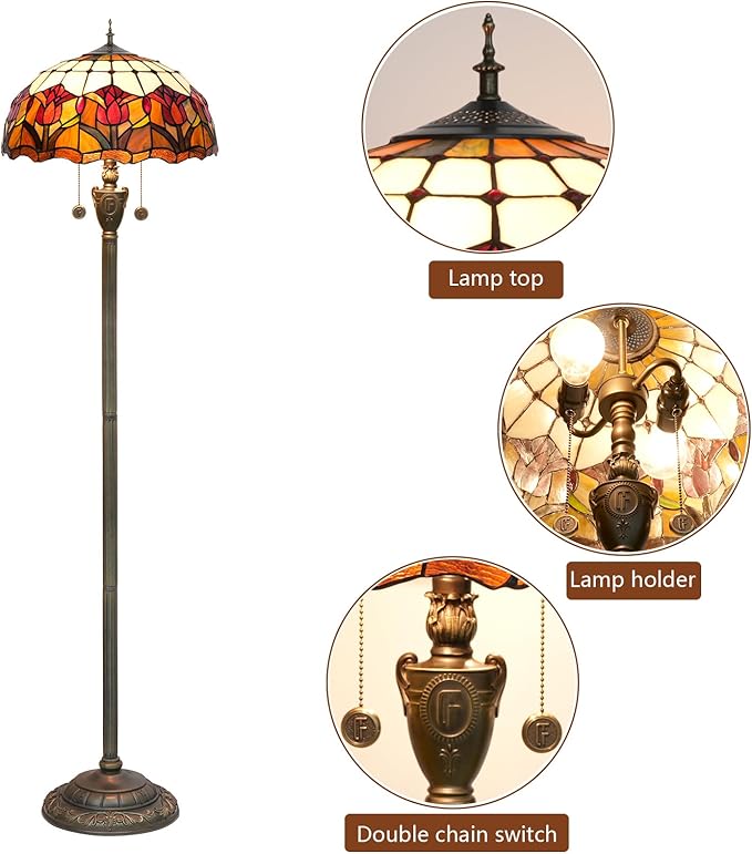 Tiffany Floor Lamp Red Tulip Style Stained Glass Standing Reading Light 16X16X64 Inches Antique Unique Pole Corner Tall Decor Lamp for Bedroom Living Room Home Office
