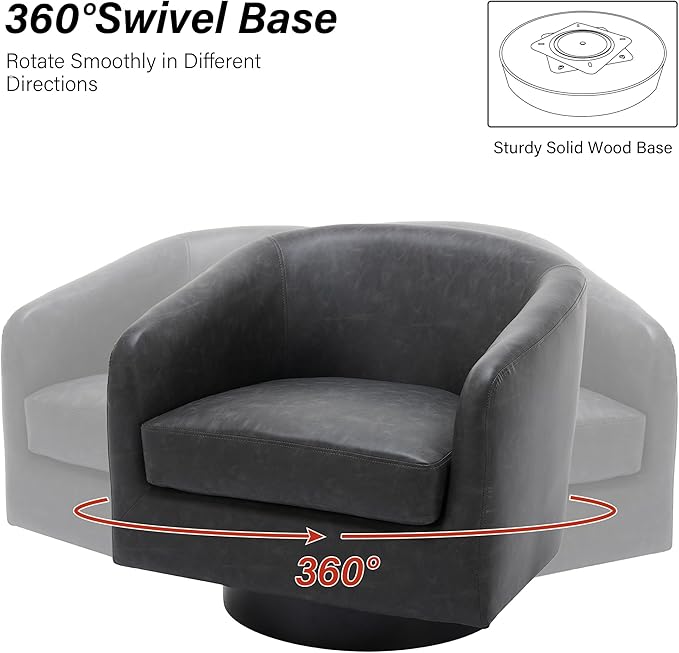 Swivel Barrel Chair, Modern Round PU Leather Accent Armchair for Living Room, Bedroom, Oversized Comfy Club Reading Chairs for Adults (Leather Black Grey, Set of 2)