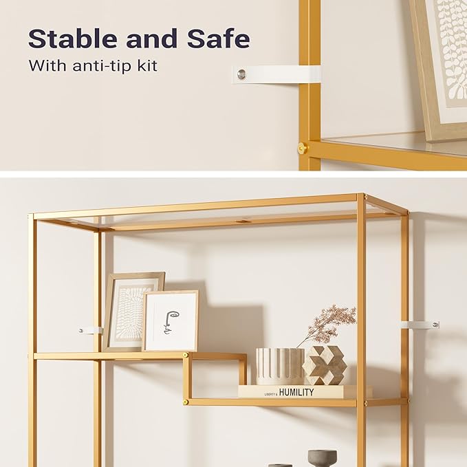 5-Tier Bookshelf, Tempered Glass Display Shelf, Modern Open Shelf Bookshelf, Tall Storage Open Bookcase for Living Room, Home Office, Bedroom, Golden