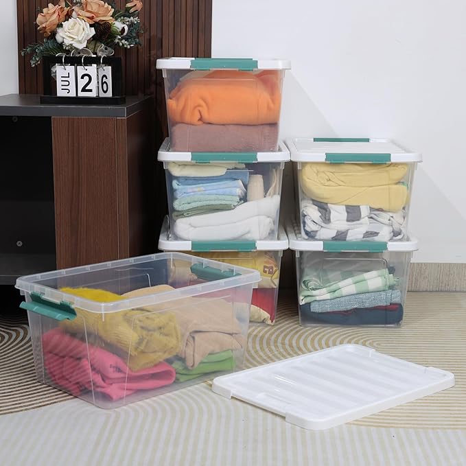 35 Quart Stackable Plastic Storage Latches Box, Clear Large Storage Bin with Lid, 6 Packs