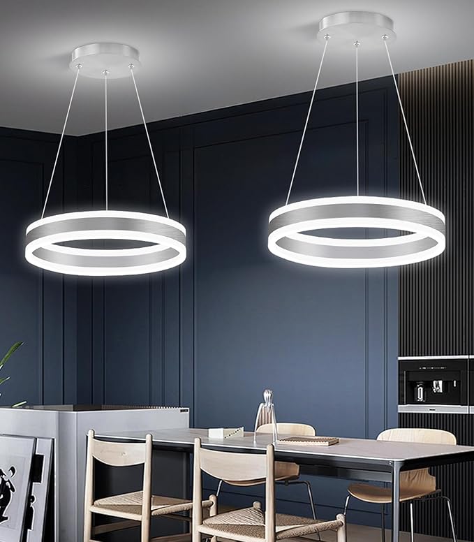 D15.7'' Modern Ring Chandelier for Dining Room LED Dimmable Pendant Lighting High Ceiling Chandelier for Living Room Foyer Bedroom Entryway 3000K-6000K Silver