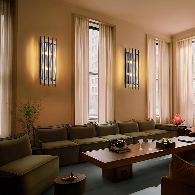 Modern Black Wall Sconce,25in Grand Rectangular Ribbed Glass Wall Sconces,Indoor Hardwired Wall Sconces for Large Spaces,for Living Room,Hallway,Stairway Sconces Wall Lighting,Included E12 Bulbs