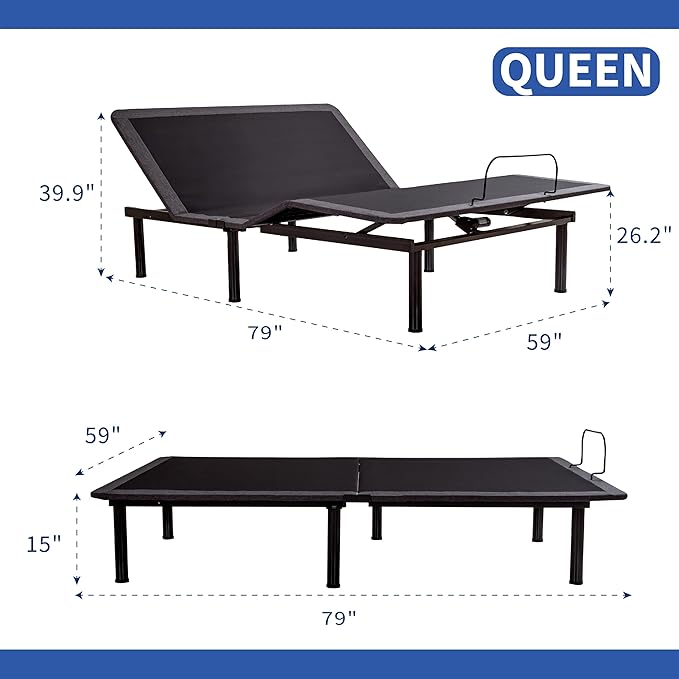 Queen Adjustable Bed Base Frame,Electric Bed with Head and Foot Incline,Soft Cover & Zero Gravity & Wireless Remote with Backlight, 80"×60"×12",Black