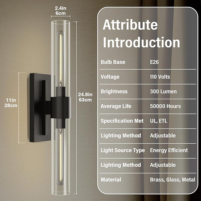 Black Wall Sconce for Bathroom Vanity, Copper Wall Light Fixtures, 22.8" Modern Two Glass Tube Wall Sconce, Indoor Wall Mounted Sconce for Bathroom Mirror, Bedroom, Living Room