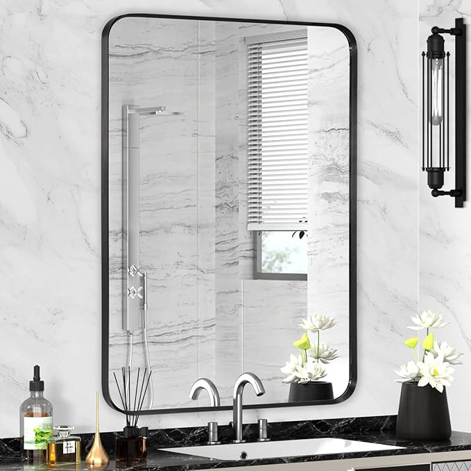 Black Framed Bathroom Mirror for Wall, Matte Black Rounded Corner Rectangle Vanity Mirror, Brushed Frame, Tempered Glass, Anti-Rust, Hangs Horizontally or Vertically (24" x 32", Black)