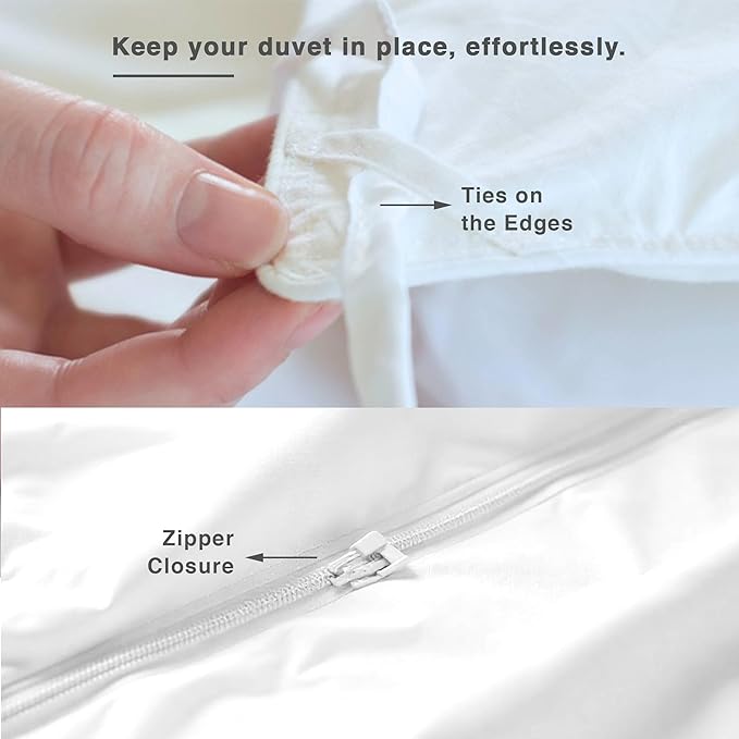 Fabdreams GOTS Certified 100% Organic Cotton Duvet Cover Queen Size - 400 TC Sateen - Soft - Silky - Zipper Closure - Edge Ties - 1 Duvet Cover (90"x92") + 2 Pillow Shams (20"x26") - White, 3 Piece