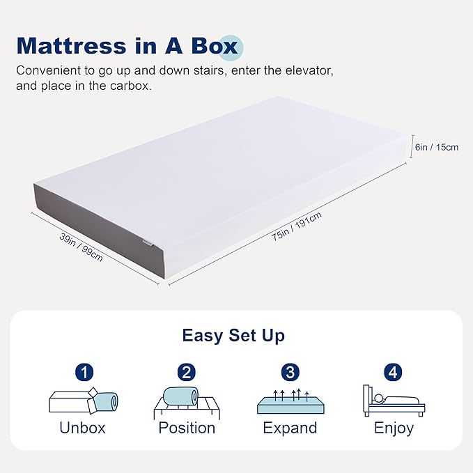 Amazon Basics Memory Foam Mattress, Soft Plush Feel, 6 Inch, Twin, White/Grey