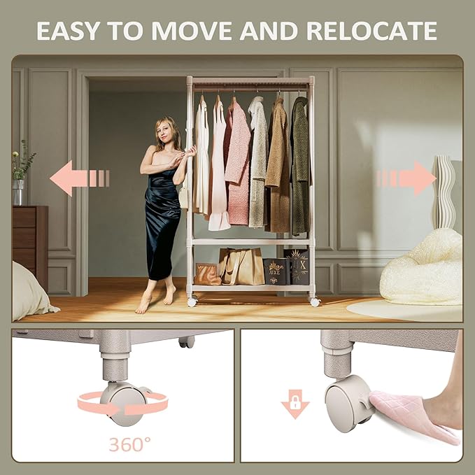 IZEUK Heavy Duty Rolling Garment Rack Wire Clothes Rack for Hanging Clothes, Metal Freestanding Closet Wardrobe Rack 3-Tier Clothing Rack with Wooden Boards Gold 17.7" D x 33.5" W x 70.3" H