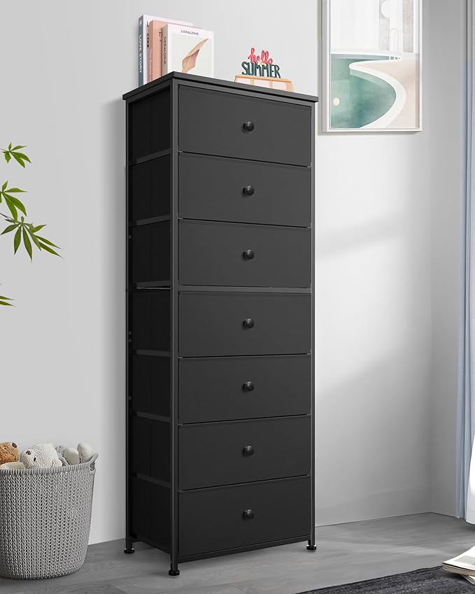 Tall Fabric Dresser for Bedroom, Vertical Storage Organizer Tower with 7 Drawers, Chest of Drawers with Bins, Steel Frame, Wood Top for Bedroom, Closet, Entryway Black