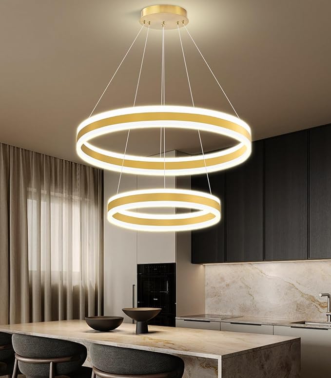D15.7''+23.6'' Modern Ring Chandelier for Dining Room LED Dimmable Pendant Lighting for Living Room Foyer Bedroom Entryway 3000K-6000K Gold