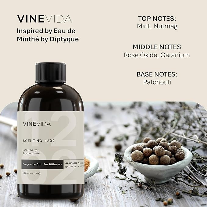 VINEVIDA [4 Fl Oz] Scent NO. 1202 Fragrance Oil for Cold Air Diffusers, Aromatic Notes of Mint, Nutmeg, Rose Oxide & Patchouli Essential Oils for Diffuser Oil Refill & Air Freshener Room Spray